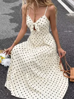 Vacation Casual Sundress Cream Polka Dot Cami Maxi Front Knot Flowy Summer Dress