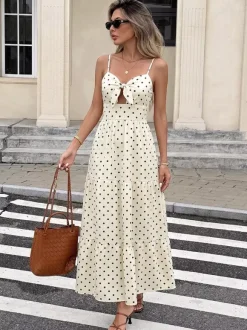 Vacation Casual Sundress Cream Polka Dot Cami Maxi Front Knot Flowy Summer Dress