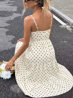 Vacation Casual Sundress Cream Polka Dot Cami Maxi Front Knot Flowy Summer Dress