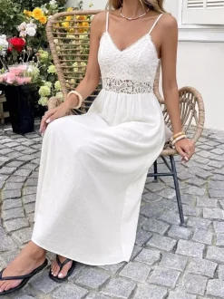 Vacation Dress Boho White Lace Cami Maxi Hollow Waist Flowy Beach Long Sundress
