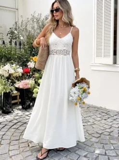 Vacation Dress Boho White Lace Cami Maxi Hollow Waist Flowy Beach Long Sundress