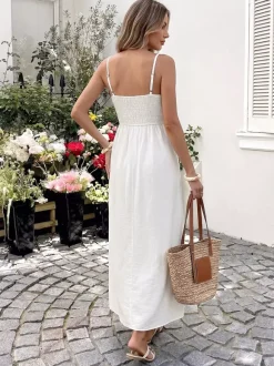 Vacation Dress Boho White Lace Cami Maxi Hollow Waist Flowy Beach Long Sundress