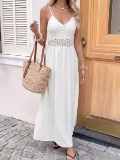 Vacation Dress Boho White Lace Cami Maxi Hollow Waist Flowy Beach Long Sundress