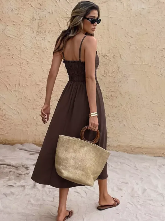 Vacation Dress Cami Ruffle Trim Square Neck Self Tie Elastic Waist Loose Casual Midi Dress