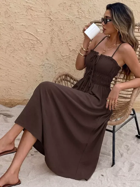 Vacation Dress Cami Ruffle Trim Square Neck Self Tie Elastic Waist Loose Casual Midi Dress