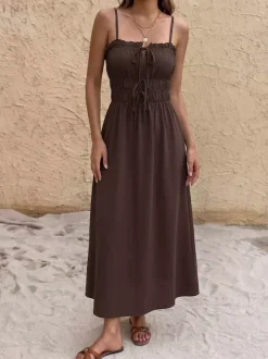 Vacation Dress Cami Ruffle Trim Square Neck Self Tie Elastic Waist Loose Casual Midi Dress