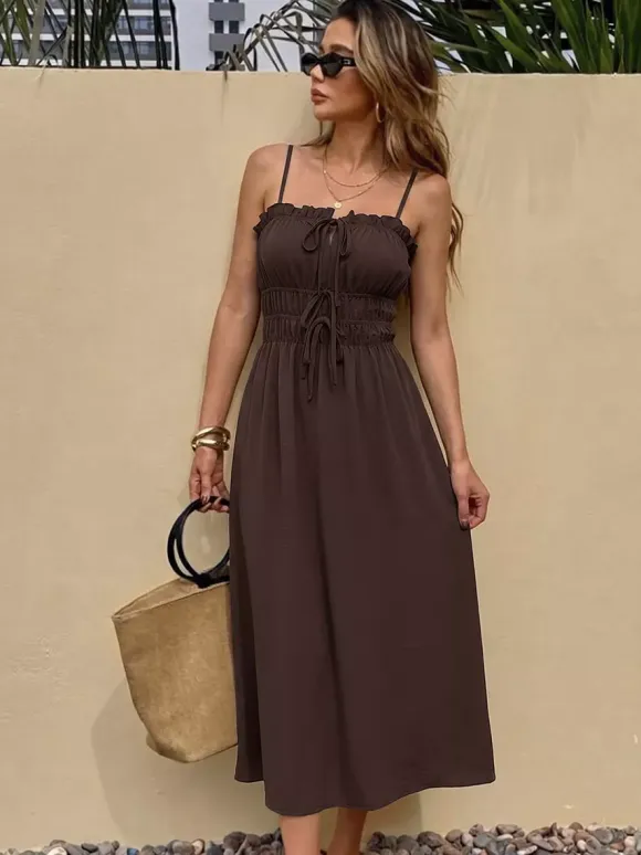 Vacation Dress Cami Ruffle Trim Square Neck Self Tie Elastic Waist Loose Casual Midi Dress