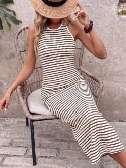 Vacation Dress Coffee Striped Halter Neck Midi Back Cross Tie Ribbed Knit Slim Fit Bodycon Dress