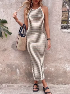 Vacation Dress Coffee Striped Halter Neck Midi Back Cross Tie Ribbed Knit Slim Fit Bodycon Dress