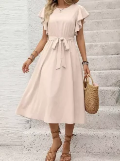 Vacation Dress Crew Neck Flutter Sleeve Flowy Summer Casual Midi Sundress