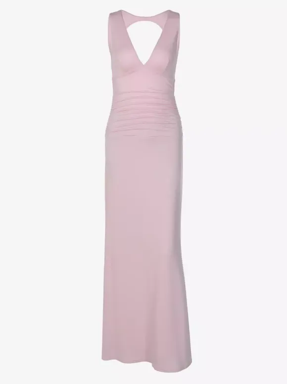 Vacation Dresses Blush Pink Deep V Cutout Back Ruched Bodycon Maxi Dress Evening Cocktail Gown