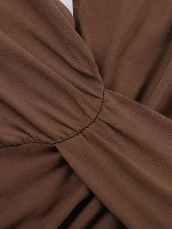 Vacation Dresses Brown Halter Mermaid Maxi Back Self Tie Cutout Waist Ruched Bodycon Evening Gown
