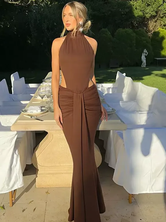 Vacation Dresses Brown Halter Mermaid Maxi Back Self Tie Cutout Waist Ruched Bodycon Evening Gown