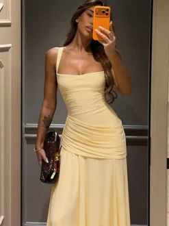 Vacation Dresses Creamy Yellow Ruched Maxi Dress For Women Elegant Evening Style
