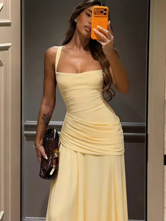Vacation Dresses Creamy Yellow Ruched Maxi Dress For Women Elegant Evening Style