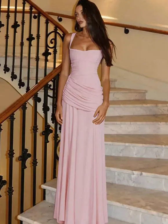 Vacation Dresses Creamy Yellow Ruched Maxi Dress For Women Elegant Evening Style
