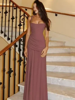 Vacation Dresses Creamy Yellow Ruched Maxi Dress For Women Elegant Evening Style