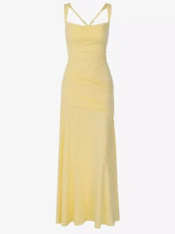 Vacation Dresses Creamy Yellow Ruched Maxi Dress For Women Elegant Evening Style