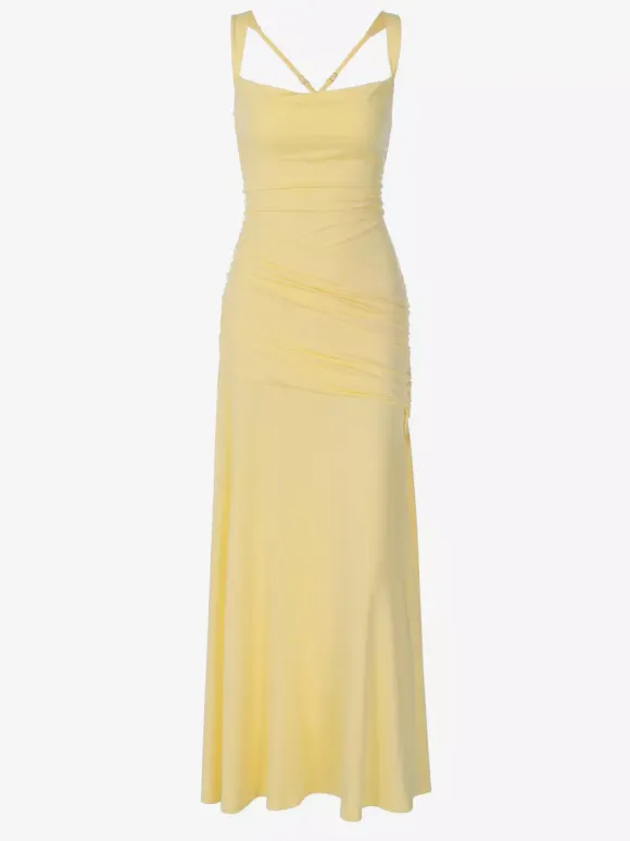 Vacation Dresses Creamy Yellow Ruched Maxi Dress For Women Elegant Evening Style