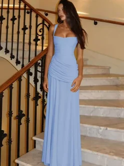 Vacation Dresses Creamy Yellow Ruched Maxi Dress For Women Elegant Evening Style
