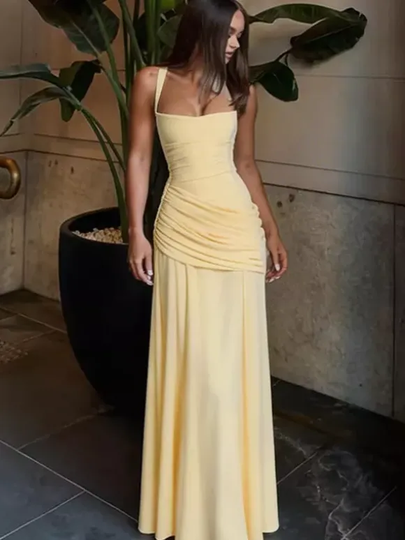 Vacation Dresses Creamy Yellow Ruched Maxi Dress For Women Elegant Evening Style