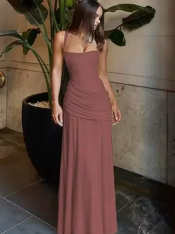 Vacation Dresses Creamy Yellow Ruched Maxi Dress For Women Elegant Evening Style