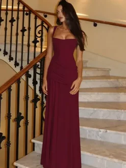 Vacation Dresses Creamy Yellow Ruched Maxi Dress For Women Elegant Evening Style