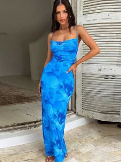 Vacation Dresses Floral Print Spaghetti Strap Midi Back Lace Up Ruched Front Side Slit Bodycon Dress