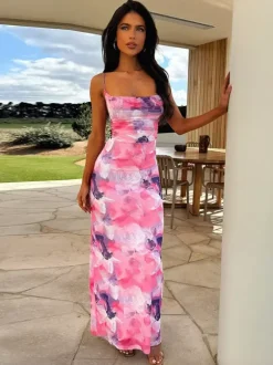 Vacation Dresses Floral Print Spaghetti Strap Midi Back Lace Up Ruched Front Side Slit Bodycon Dress