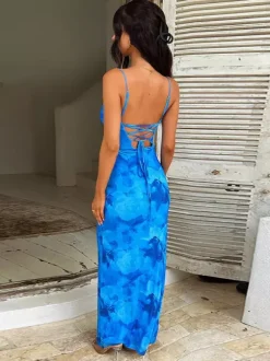 Vacation Dresses Floral Print Spaghetti Strap Midi Back Lace Up Ruched Front Side Slit Bodycon Dress