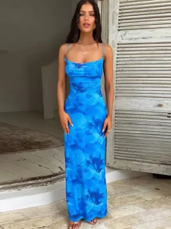 Vacation Dresses Floral Print Spaghetti Strap Midi Back Lace Up Ruched Front Side Slit Bodycon Dress