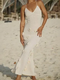 Vacation Dresses Flower Shaping Flowers Sleeveless Straps Neck Chic Coffee Brown Dress