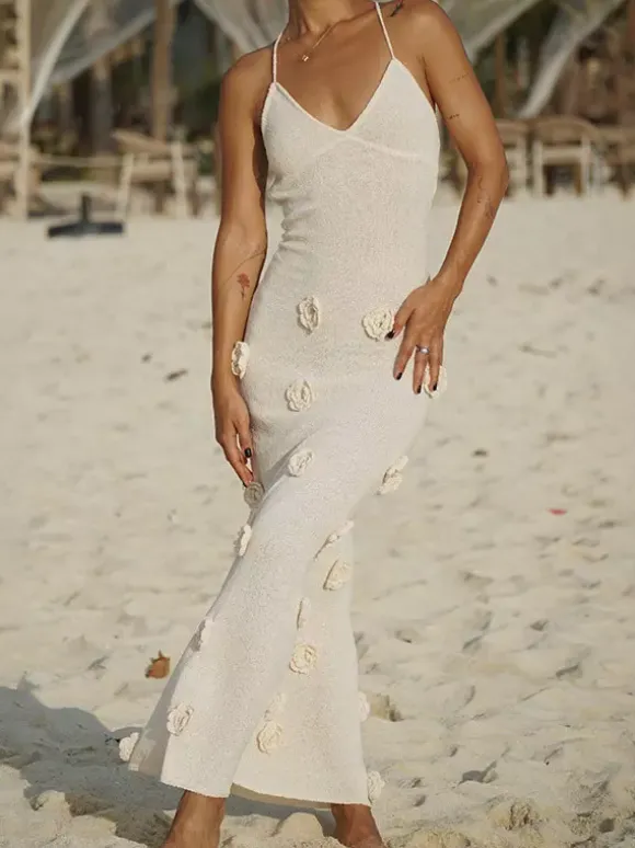 Vacation Dresses Flower Shaping Flowers Sleeveless Straps Neck Chic Coffee Brown Dress