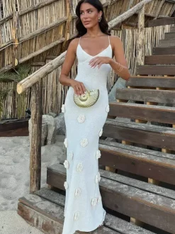 Vacation Dresses Flower Shaping Flowers Sleeveless Straps Neck Chic Coffee Brown Dress