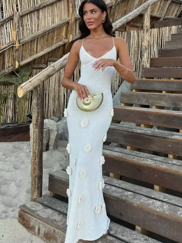 Vacation Dresses Flower Shaping Flowers Sleeveless Straps Neck Chic Coffee Brown Dress