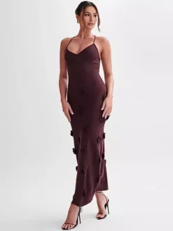 Vacation Dresses Flower Shaping Flowers Sleeveless Straps Neck Chic Coffee Brown Dress