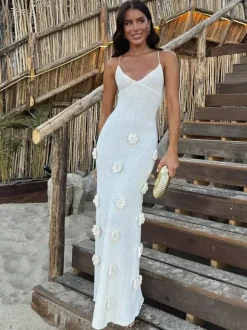 Vacation Dresses Flower Shaping Flowers Sleeveless Straps Neck Chic Coffee Brown Dress