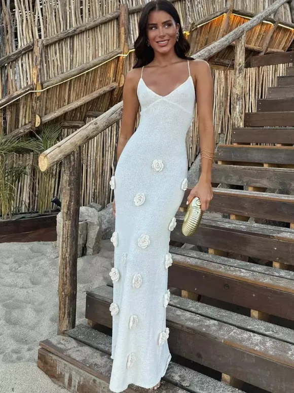Vacation Dresses Flower Shaping Flowers Sleeveless Straps Neck Chic Coffee Brown Dress