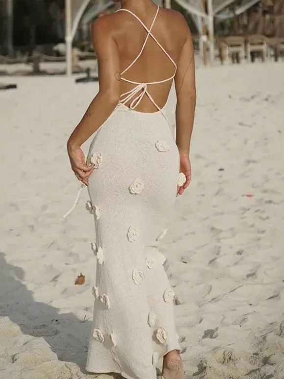 Vacation Dresses Flower Shaping Flowers Sleeveless Straps Neck Chic Coffee Brown Dress