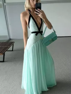 Vacation Dresses Flowy Chiffon Deep V Backless Halter Maxi Dress Summer Resort Evening Party Dress