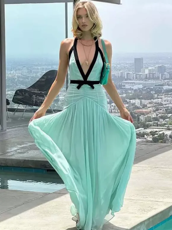 Vacation Dresses Flowy Chiffon Deep V Backless Halter Maxi Dress Summer Resort Evening Party Dress
