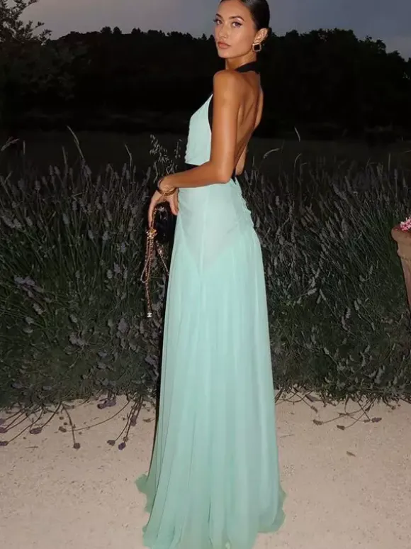 Vacation Dresses Flowy Chiffon Deep V Backless Halter Maxi Dress Summer Resort Evening Party Dress