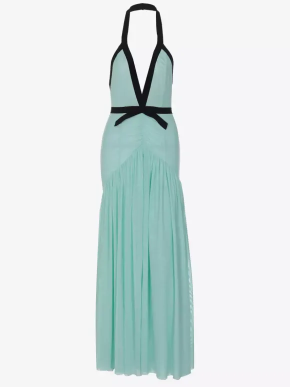 Vacation Dresses Flowy Chiffon Deep V Backless Halter Maxi Dress Summer Resort Evening Party Dress