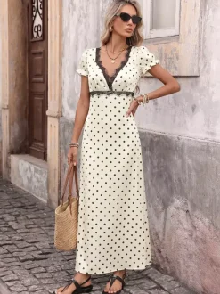 Vacation Dresses Flowy Midi Polka Dot Ivory Deep V Neck Ruffle Sleeve Lace Open Back Self Tie Waist Dress