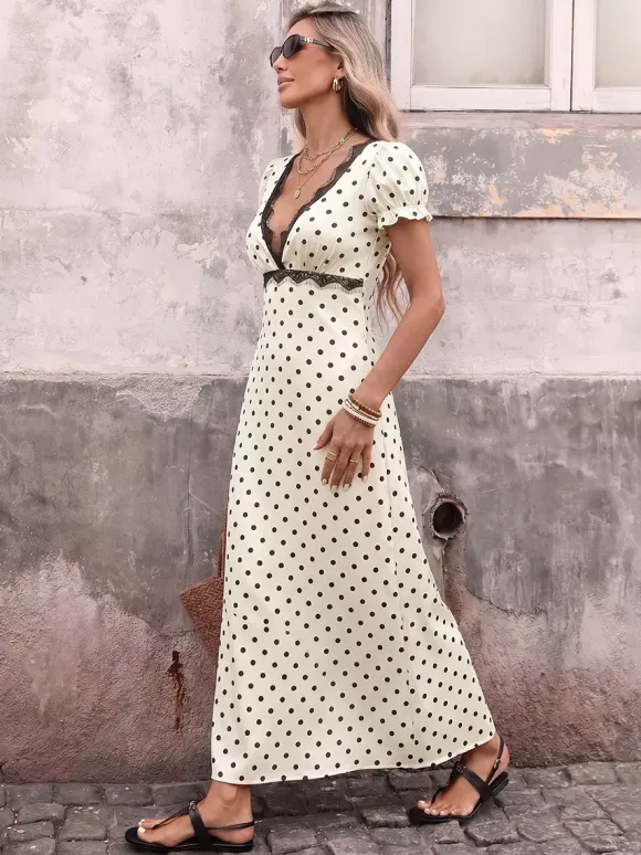 Vacation Dresses Flowy Midi Polka Dot Ivory Deep V Neck Ruffle Sleeve Lace Open Back Self Tie Waist Dress