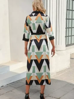 Vacation Dresses Geometric Print Midi Dress V Neck Wrap 3/4 Sleeve Waist Long Dress