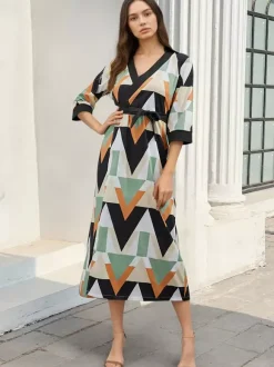 Vacation Dresses Geometric Print Midi Dress V Neck Wrap 3/4 Sleeve Waist Long Dress
