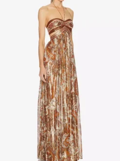 Vacation Dresses Halter Tube Top Cutout Waist Paisley Print Flowy Party Maxi Dress
