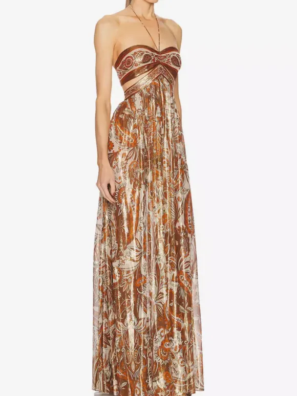 Vacation Dresses Halter Tube Top Cutout Waist Paisley Print Flowy Party Maxi Dress