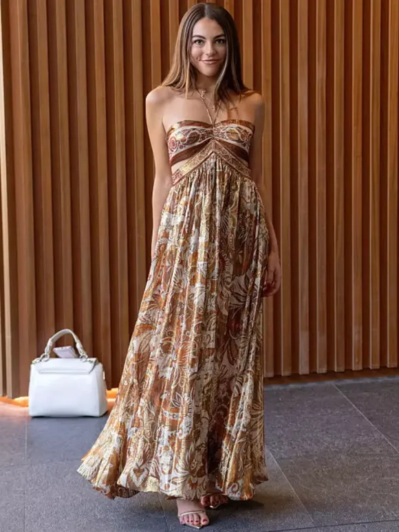 Vacation Dresses Halter Tube Top Cutout Waist Paisley Print Flowy Party Maxi Dress